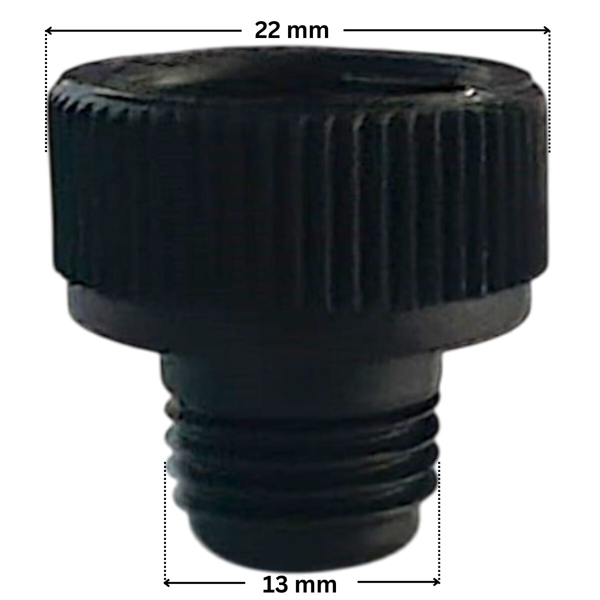 Tappo scarico ricambio per pompe piscina Silen 2, Silen S2, Tifon e Tifon 1 Espa con quote dimensionali: diametro esterno della filettatura 13 mm e diametro esterno tappo 22 mm.