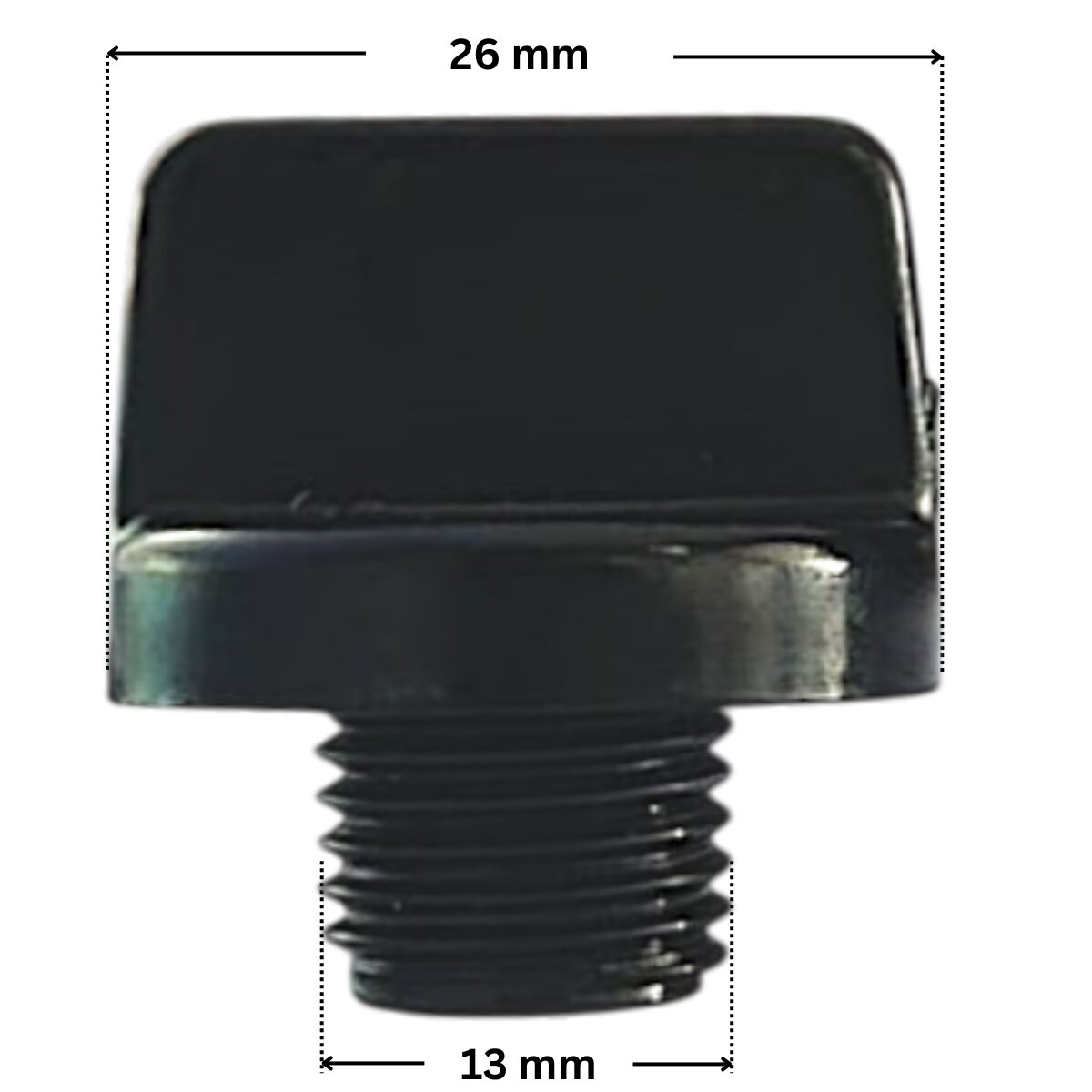 Tappo scarico ricambio per pompe piscina Sta-Rite 5P2R, Sta-Rite 5P6R, La Sta-Rite, La Sta-Rite HD Pentair con quote dimensionali: diametro esterno tappo 26 mm e diametro esterno della filettatura 13 mm.