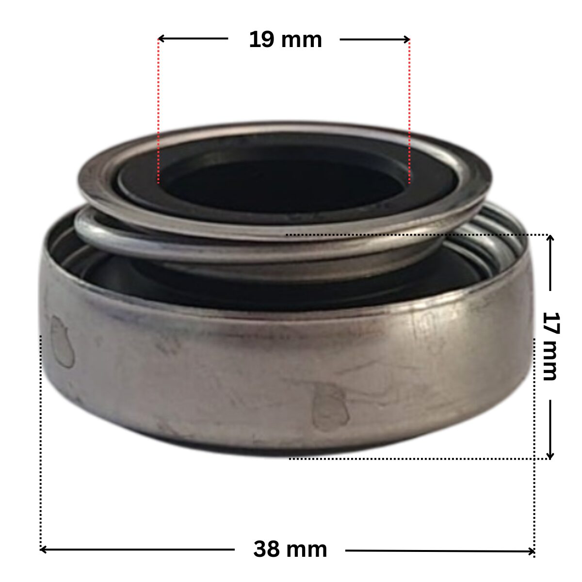 Vista laterale della parte in metallo per la tenuta meccanica ricambio per pompa piscina Big Discovery Astralpool con quote dimensionali: diametro esterno 38 mm, diametro interno 19 mm e altezza totale 17 mm.