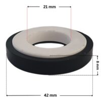Vista laterale della parte in ceramica per la tenuta meccanica ricambio per pompa piscina Big Discovery Astralpool con quote dimensionali: diametro esterno 42 mm, diametro interno 21 mm e altezza totale 8 mm.
