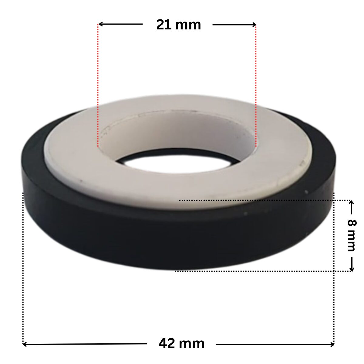 Vista laterale della parte in ceramica per la tenuta meccanica ricambio per pompa piscina Big Discovery Astralpool con quote dimensionali: diametro esterno 42 mm, diametro interno 21 mm e altezza totale 8 mm.