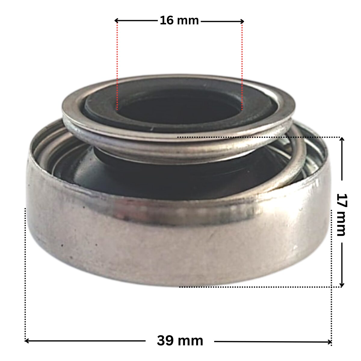 Vista laterale della parte in metallo per la tenuta meccanica ricambio per pompa piscina Columbia Astralpool con quote dimensionali: diametro esterno 39 mm, diametro interno 16 mm e altezza totale 17 mm.