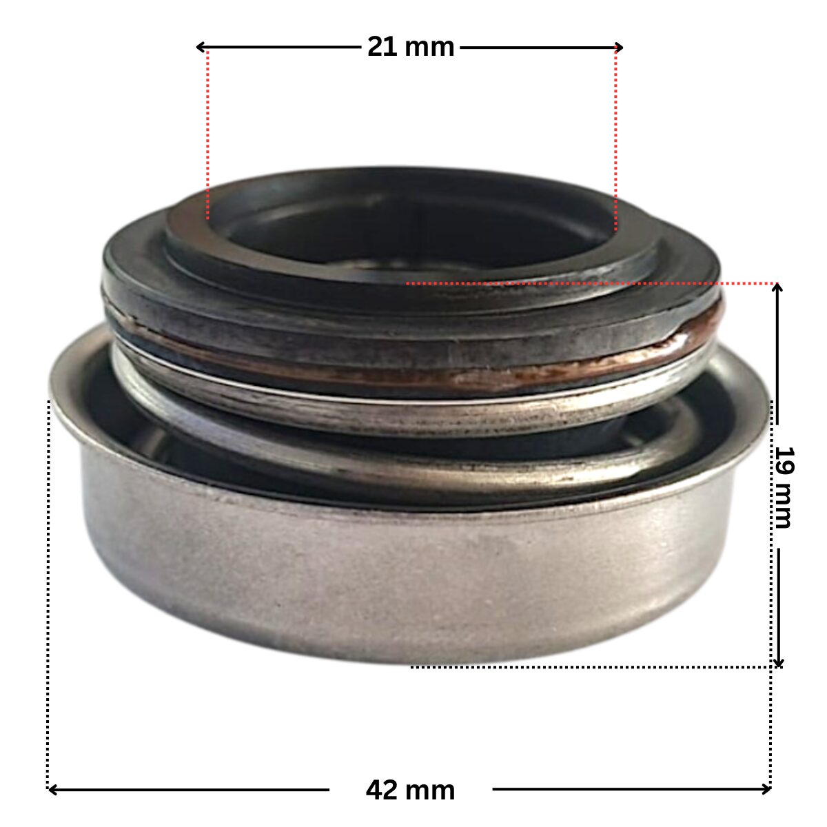 Vista laterale della parte in metallo per la tenuta meccanica ricambio per pompa piscina Glass Plus Astralpool con quote dimensionali: diametro esterno 42 mm, diametro interno 21 mm e altezza totale 19 mm.