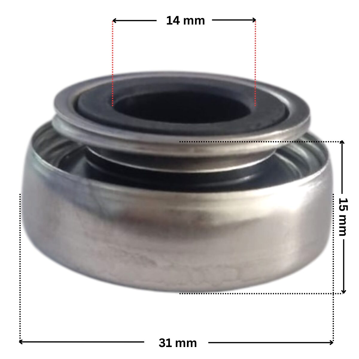 Vista laterale della parte in metallo per la tenuta meccanica ricambio per pompa piscina Iris Espa con quote dimensionali: diametro esterno 31 mm, diametro interno 14 mm e altezza totale esterna 15 mm.