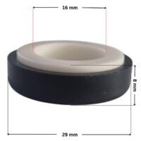 Vista laterale della parte in ceramica per la tenuta meccanica ricambio per pompa piscina Iris Espa con quote dimensionali: diametro esterno 29 mm, diametro interno 16 mm e altezza totale esterna 8 mm.