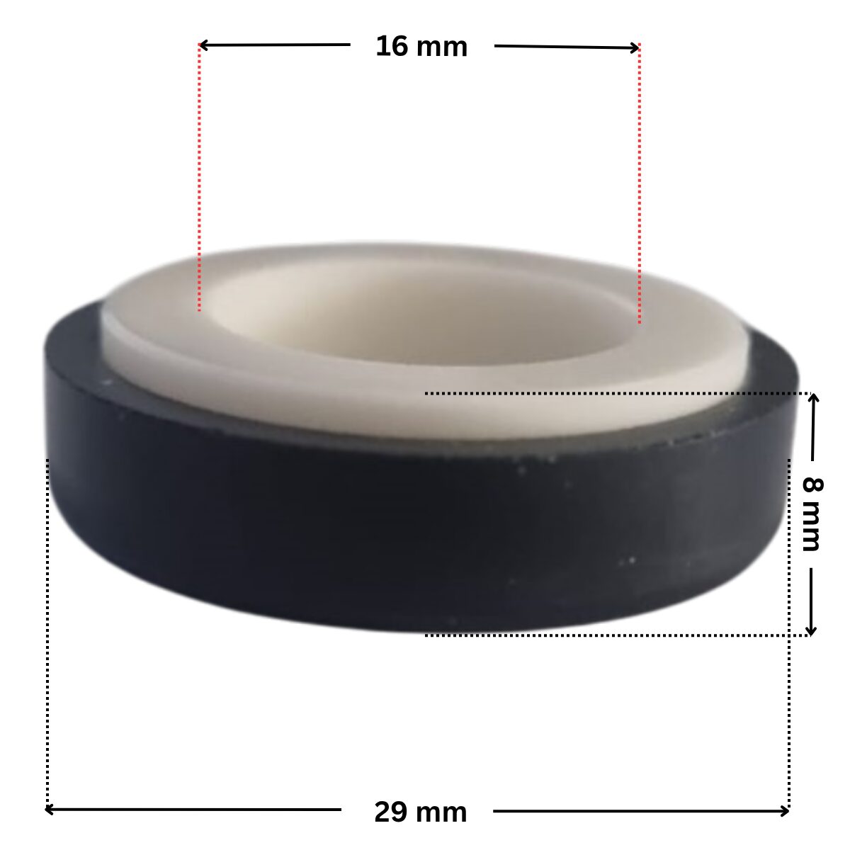 Vista laterale della parte in ceramica per la tenuta meccanica ricambio per pompa piscina Iris Espa con quote dimensionali: diametro esterno 29 mm, diametro interno 16 mm e altezza totale esterna 8 mm.