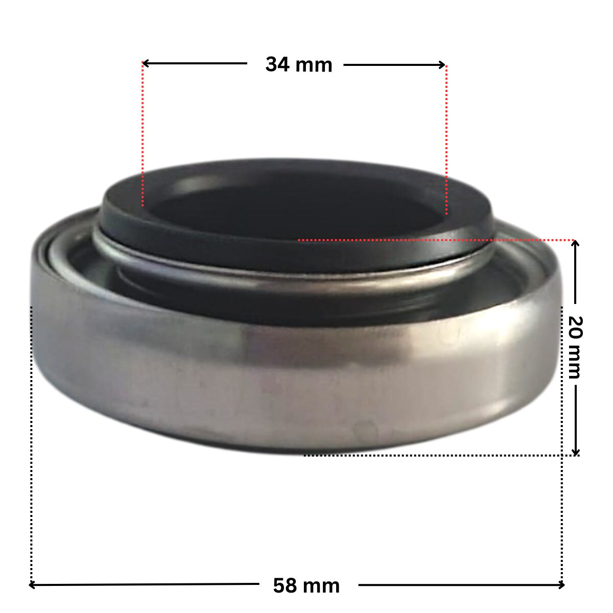 Vista laterale della parte in metallo della tenuta meccanica ricambio per pompa piscina Maxim Astralpool con quote dimensionali: diametro esterno 58 mm, diametro interno 34 mm e altezza totale 20 mm.