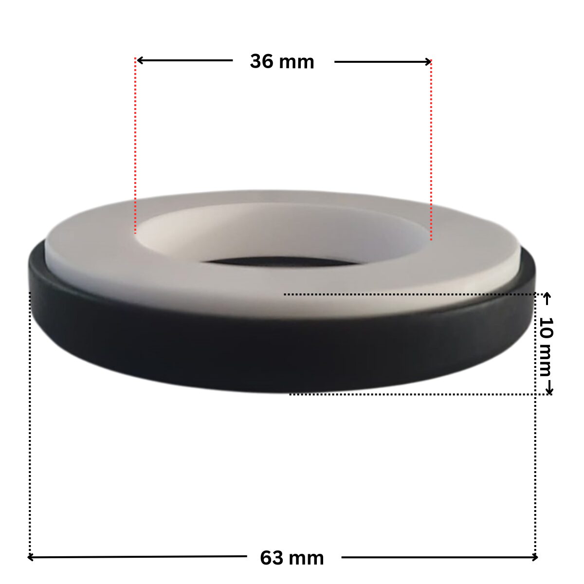 Vista laterale della parte in ceramica della tenuta meccanica ricambio per pompa piscina Maxim Astralpool con quote dimensionali: diametro esterno 63 mm, diametro interno 36 mm e altezza totale 10 mm.