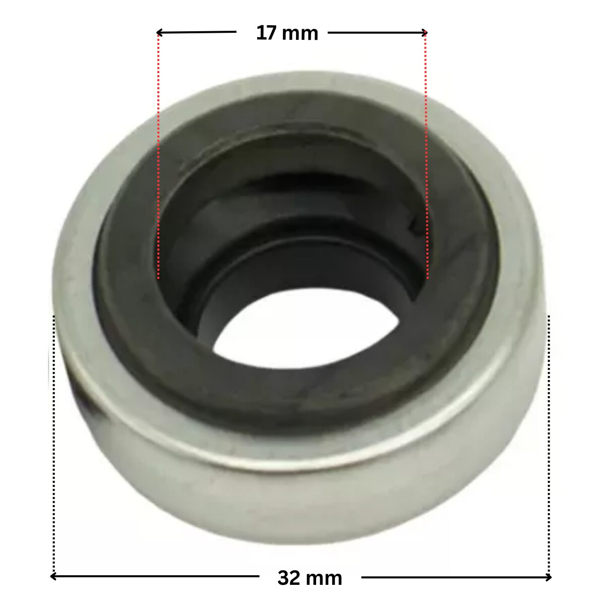 Vista laterale della parte in metallo per la tenuta meccanica ricambio per pompa piscina Optima Saci con quote dimensionali: diametro interno 17 mm e diametro esterno 32 mm.