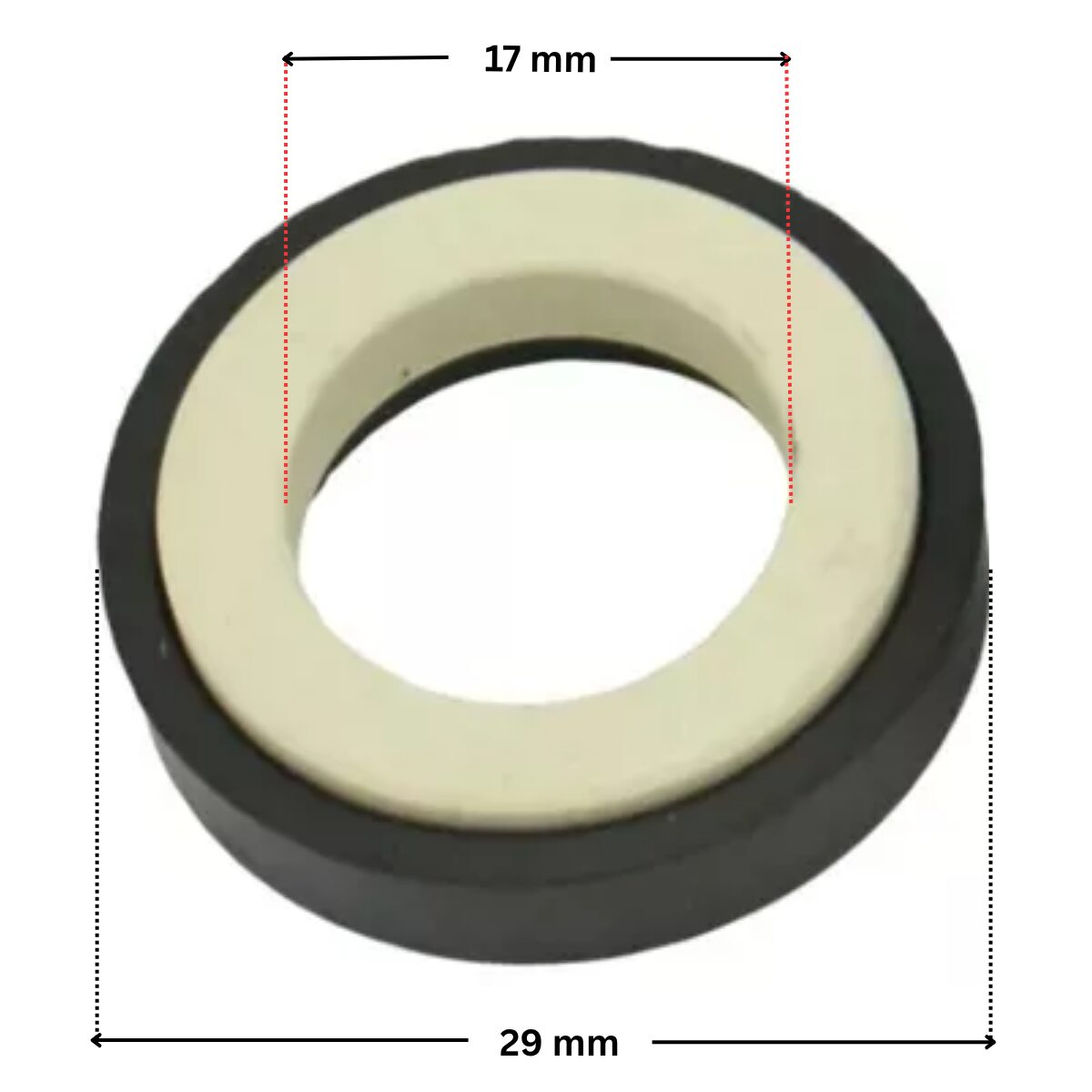 Vista laterale della parte in ceramica per la tenuta meccanica ricambio per pompa piscina Optima Saci con quote dimensionali: diametro interno 17 mm e diametro esterno 29 mm.
