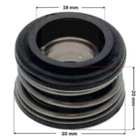 Vista laterale della parte in metallo per la tenuta meccanica ricambio per pompa piscina Powerflo Hayward con quote dimensionali: diametro esterno 30 mm, diametro interno 19 mm e altezza totale esterna 20 mm.