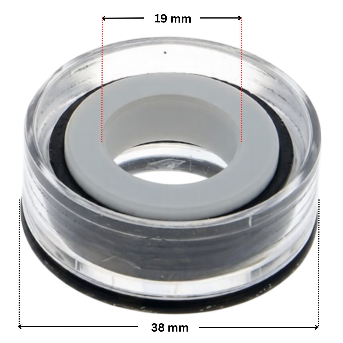 Vista laterale della parte in ceramica per la tenuta meccanica ricambio per pompa piscina Powerflo Hayward con quote dimensionali: diametro esterno 38 mm e diametro interno 19 mm.