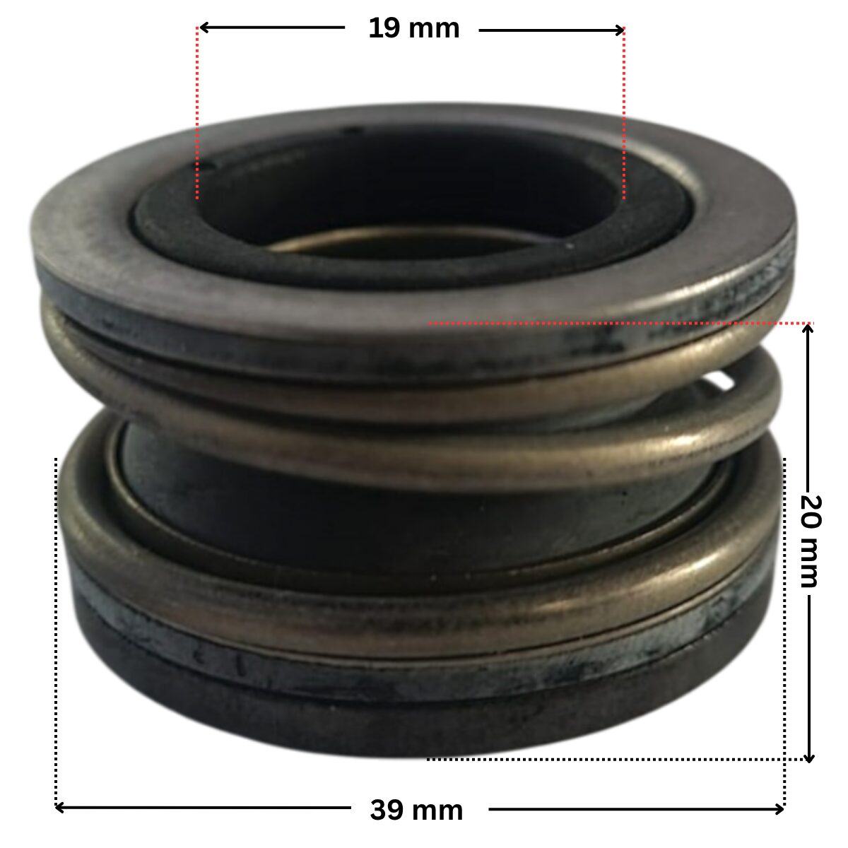 Vista laterale della parte in metallo della tenuta meccanica ricambio per pompe piscina Sta-Rite-5P6R e La Sta-Rite Hd Pentair con quote dimensionali: diametro esterno 39 mm, diametro interno 19 mm e altezza totale esterna 20 mm.