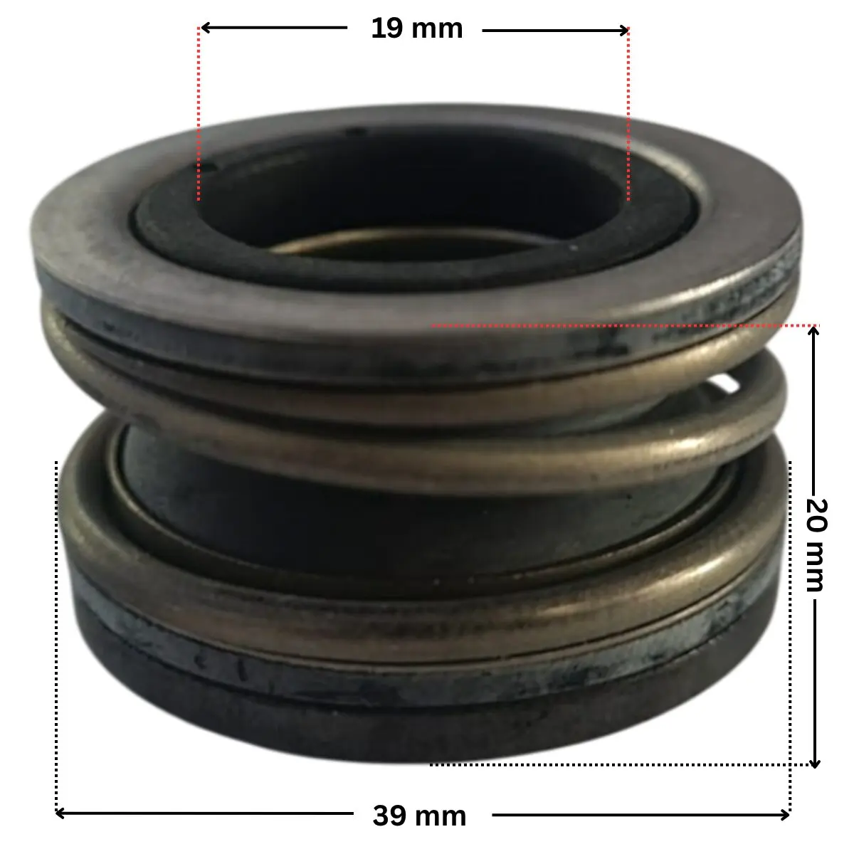 Vista laterale della parte in metallo della tenuta meccanica ricambio per pompe piscina Sta-Rite-5P6R e La Sta-Rite Hd Pentair con quote dimensionali: diametro esterno 39 mm, diametro interno 19 mm e altezza totale esterna 20 mm.