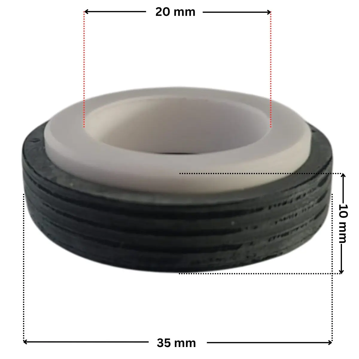 Vista laterale della parte in ceramica della tenuta meccanica ricambio per pompe piscina Sta-Rite-5P6R e La Sta-Rite Hd Pentair con quote dimensionali: diametro esterno 35 mm, diametro interno 20 mm e altezza totale esterna 10 mm.