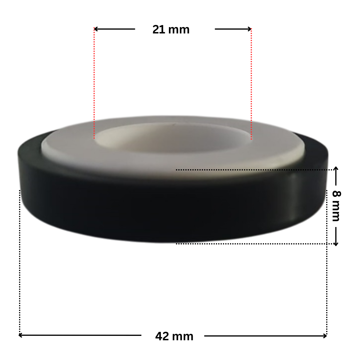 Vista laterale della parte in ceramica della tenuta meccanica ricambio per pompa piscina Winner Saci con quote dimensionali: diametro esterno 42 mm, diametro interno 21 mm e altezza totale esterna 8 mm.