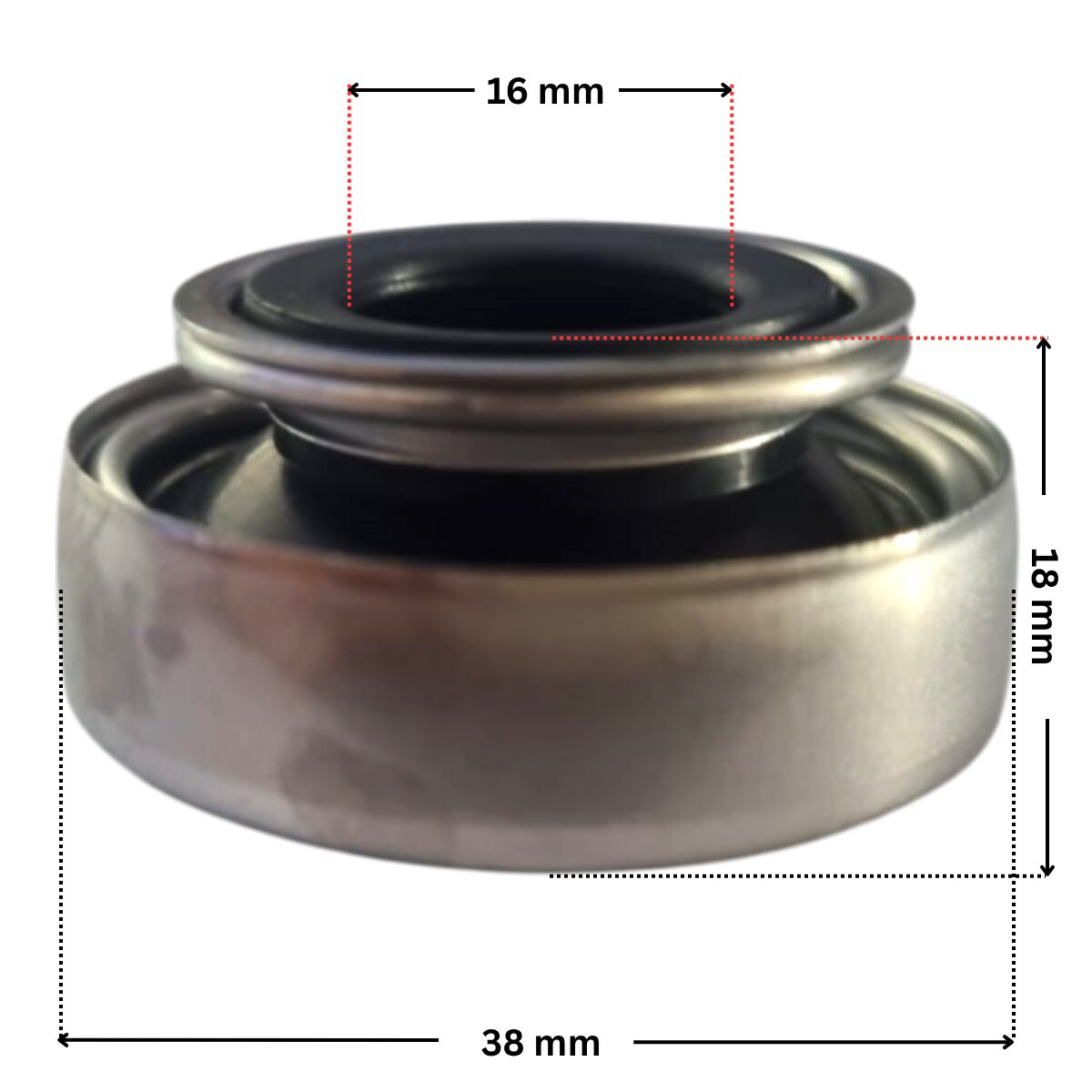 Vista laterale della parte in metallo della tenuta meccanica ricambio per pompa piscina Winner Saci con quote dimensionali: diametro esterno 38 mm, diametro interno 16 mm e altezza totale esterna 18 mm.