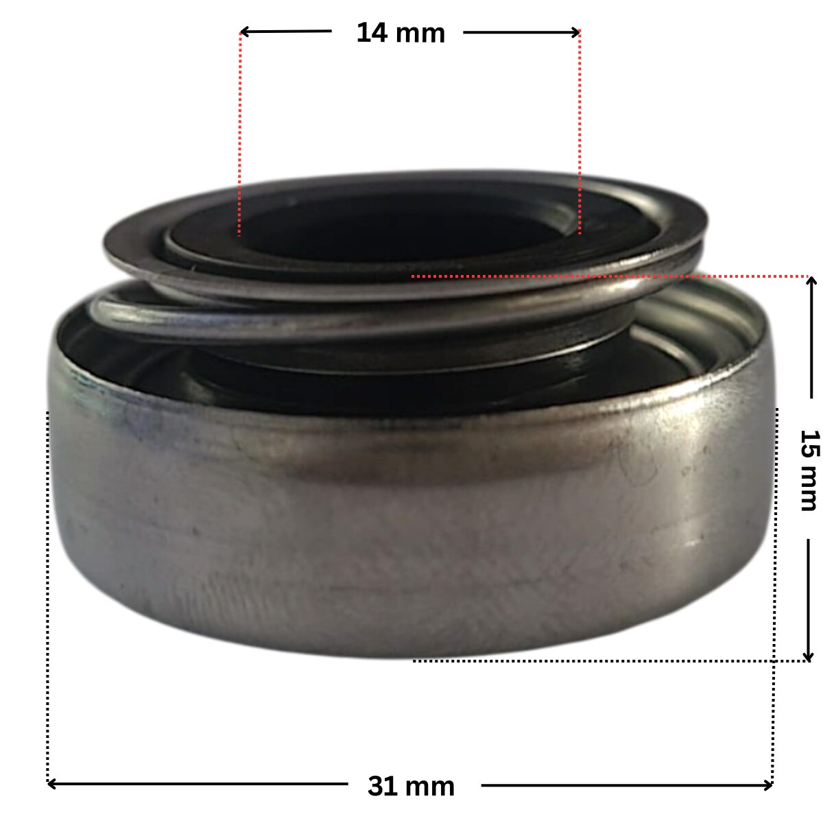 Vista laterale della parte in metallo della tenuta meccanica ricambio per pompe piscina Koral, Epsilon e Ondina Kripsol con quote dimensionali: diametro esterno 31 mm, diametro interno 14 mm e altezza esterna totale 15 mm