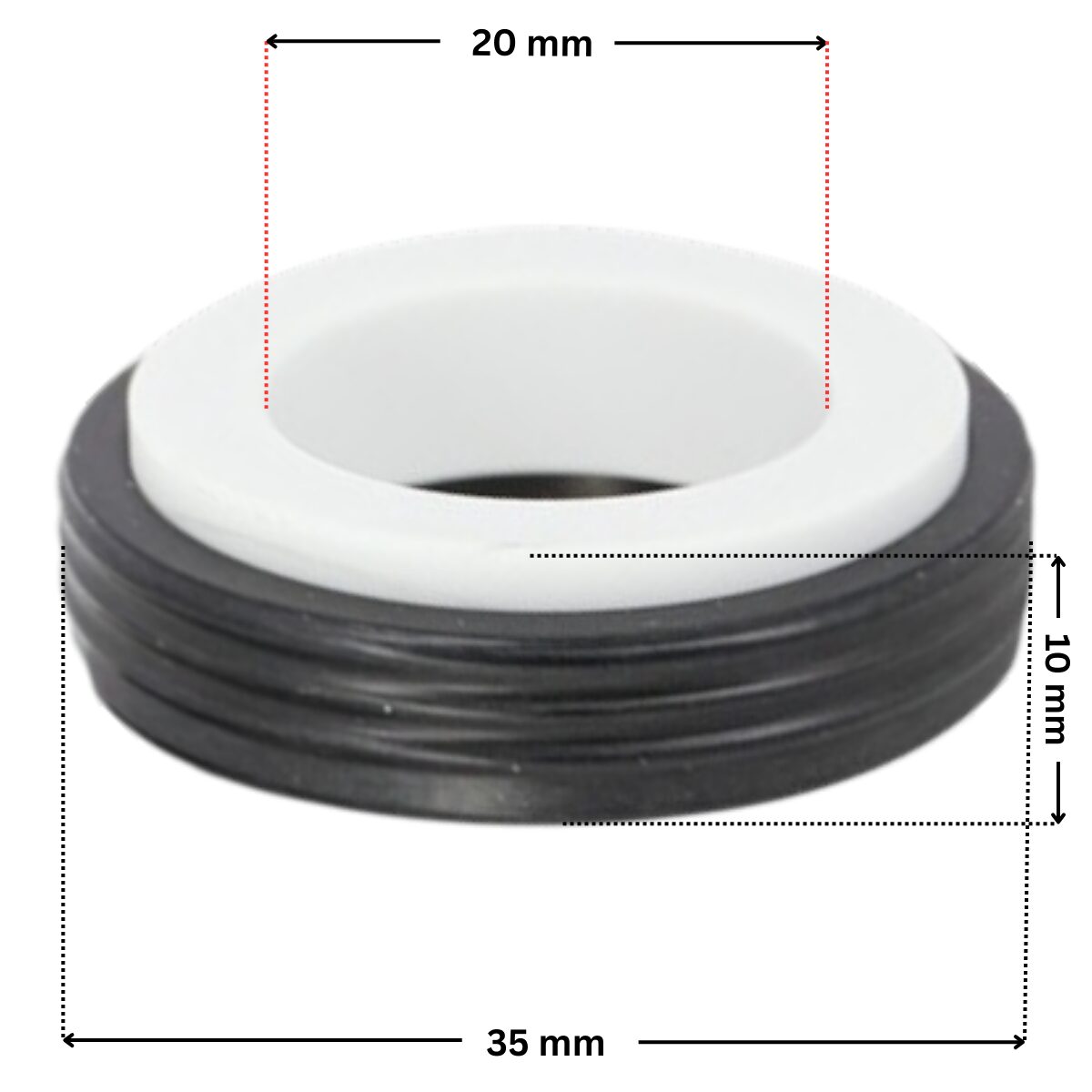 Vista laterale della parte in ceramica della tenuta meccanica ricambio per pompe piscina Silen 2, Tifon, Tifon 1, Silen S2, Silen, Silen S Espa con quote dimensionali: diametro esterno 35 mm, diametro interno 20 mm e altezza esterna totale 10 mm