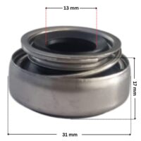 Vista laterale della parte in metallo per la tenuta meccanica ricambio per pompe piscina Victoria Plus, Sena e Discovery Astralpool con quote dimensionali: diametro esterno 31 mm, diametro interno 13 mm e altezza totale esterna 17 mm.