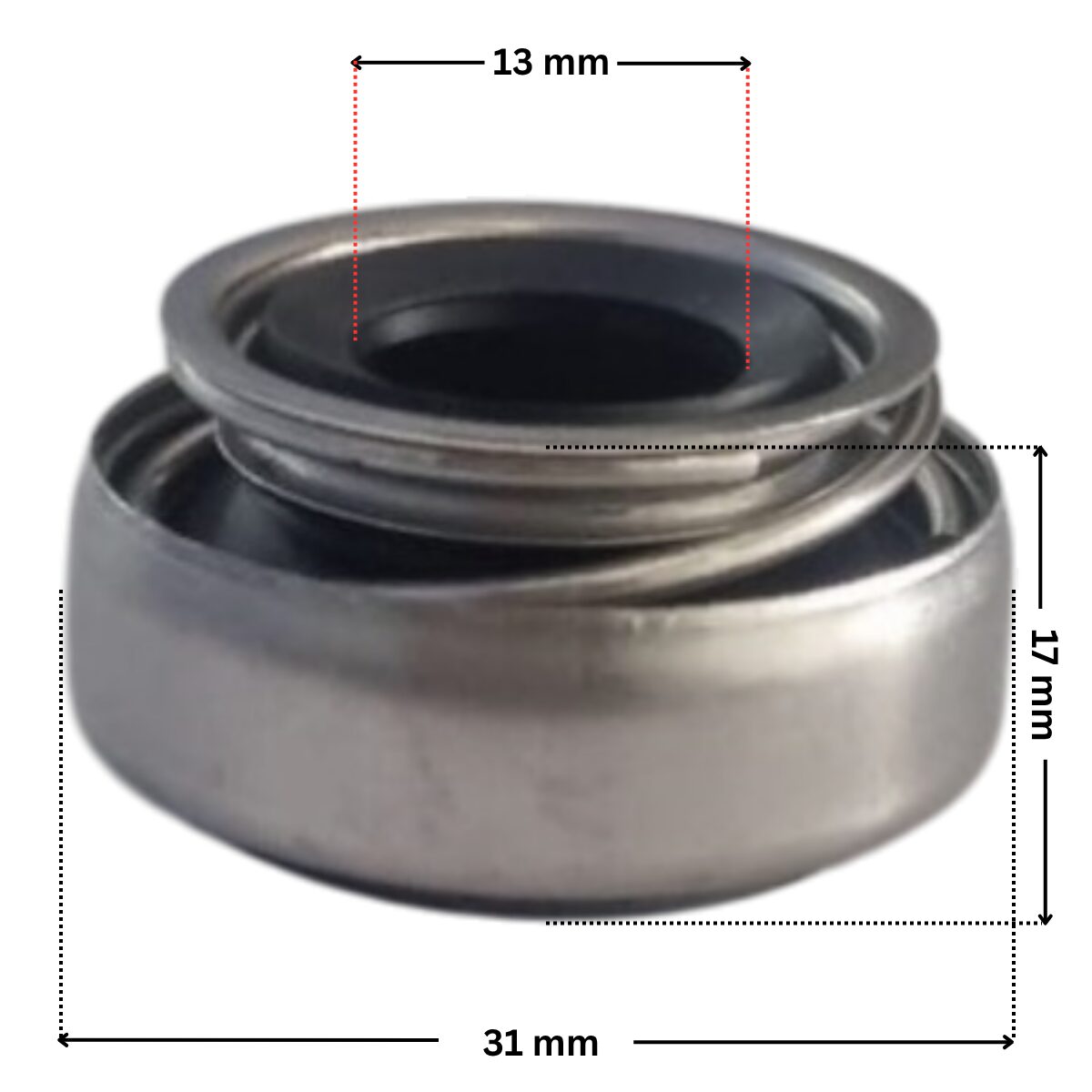 Vista laterale della parte in metallo per la tenuta meccanica ricambio per pompe piscina Victoria Plus, Sena e Discovery Astralpool con quote dimensionali: diametro esterno 31 mm, diametro interno 13 mm e altezza totale esterna 17 mm.