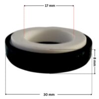 Vista laterale della parte in ceramica per la tenuta meccanica ricambio per pompe piscina Victoria Plus, Sena e Discovery Astralpool con quote dimensionali: diametro esterno 30 mm, diametro interno 17 mm e altezza totale esterna 8 mm.