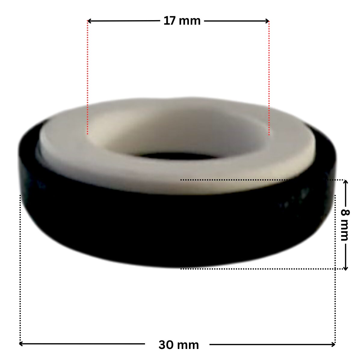 Vista laterale della parte in ceramica per la tenuta meccanica ricambio per pompe piscina Victoria Plus, Sena e Discovery Astralpool con quote dimensionali: diametro esterno 30 mm, diametro interno 17 mm e altezza totale esterna 8 mm.
