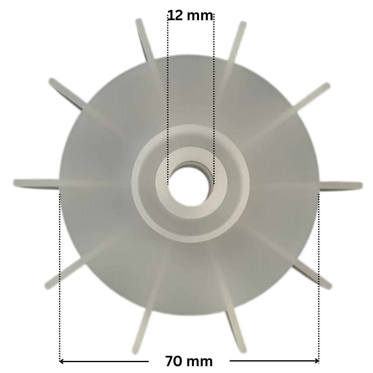 Ventola ricambio per pompa piscina Iris Espa con quote dimensionali: diametro esterno 70 mm e diametro interno foro 12 mm.