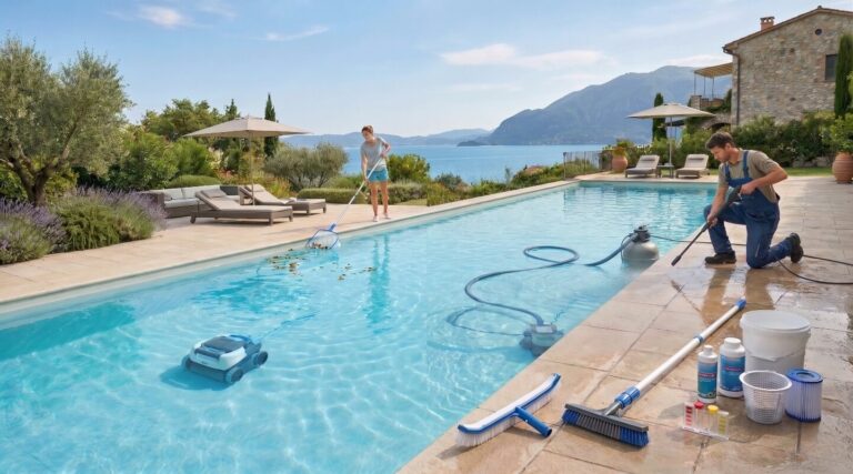 Due operatori puliscono una piscina privata a sfioro con vista lago: una donna rimuove foglie con un retino, un uomo utilizza un aspirafondo. Sul bordo sono visibili spazzole, kit per analisi dell'acqua e un robot pulitore subacqueo.