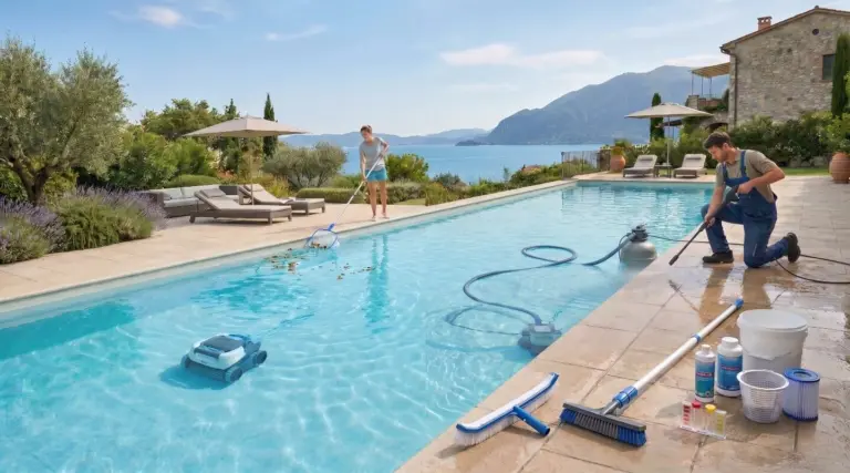 Due operatori puliscono una piscina privata a sfioro con vista lago: una donna rimuove foglie con un retino, un uomo utilizza un aspirafondo. Sul bordo sono visibili spazzole, kit per analisi dell'acqua e un robot pulitore subacqueo.