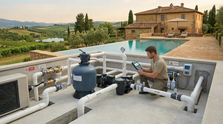 Tecnico specializzato controlla con un dispositivo elettronico il locale tecnico di una piscina privata, con filtro a sabbia, pompe di circolazione, tubazioni di aspirazione e ritorno, sistema di dosaggio automatico e pompa di calore.