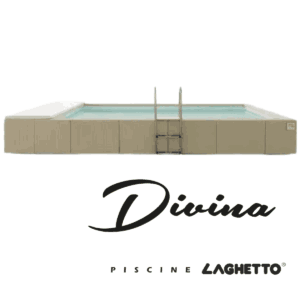 Piscina fuori terra Laghetto Divina con rivestimento in fibra sintetica intrecciata effetto rattan e scaletta in acciaio inox. Presente il marchio Piscine Laghetto – a Fluidra company