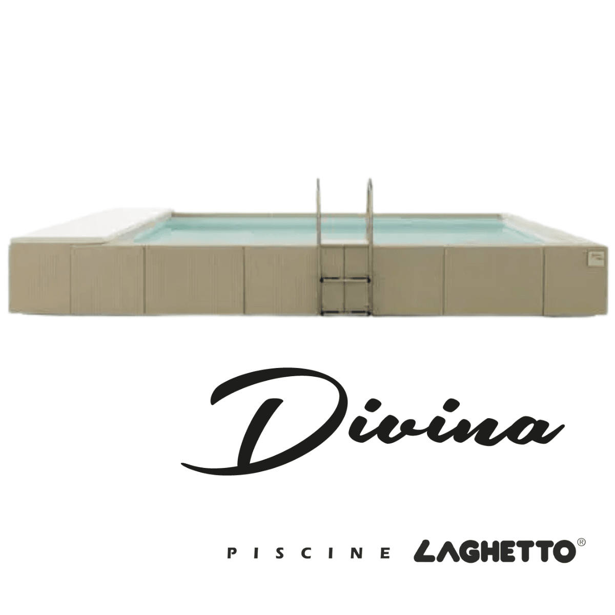 Piscina fuori terra Laghetto Divina con rivestimento in fibra sintetica intrecciata effetto rattan e scaletta in acciaio inox. Presente il marchio Piscine Laghetto – a Fluidra company