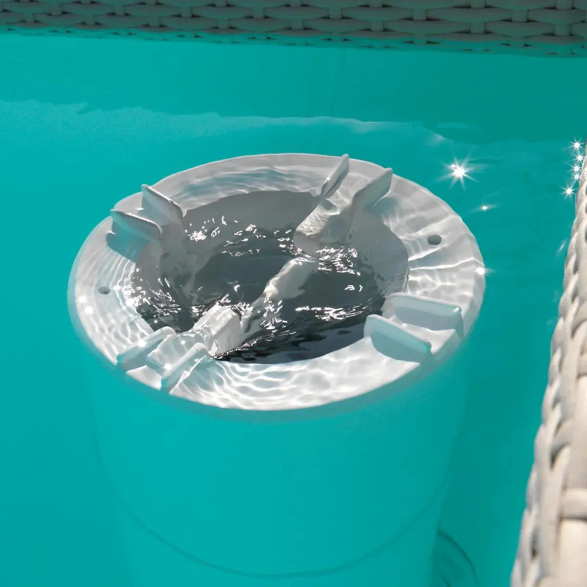 Skimmer Piscine Laghetto fissato alla parete della piscina, ha la testa flottante e lavora a sfioro sull’acqua.