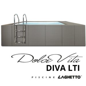 Piscina fuori terra Laghetto Dolcevita Diva LTI rivestimento in fibra sintetica intrecciata effetto rattan e scaletta in acciaio inox. Presente il marchio Piscine Laghetto – a Fluidra company