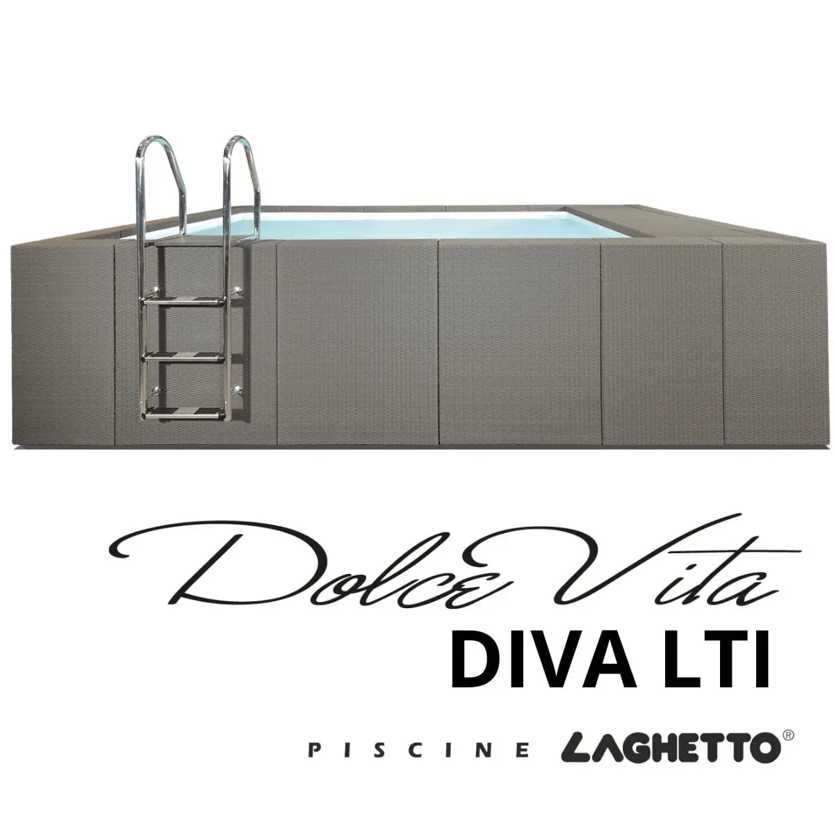Piscina fuori terra Laghetto Dolcevita Diva LTI rivestimento in fibra sintetica intrecciata effetto rattan e scaletta in acciaio inox. Presente il marchio Piscine Laghetto – a Fluidra company