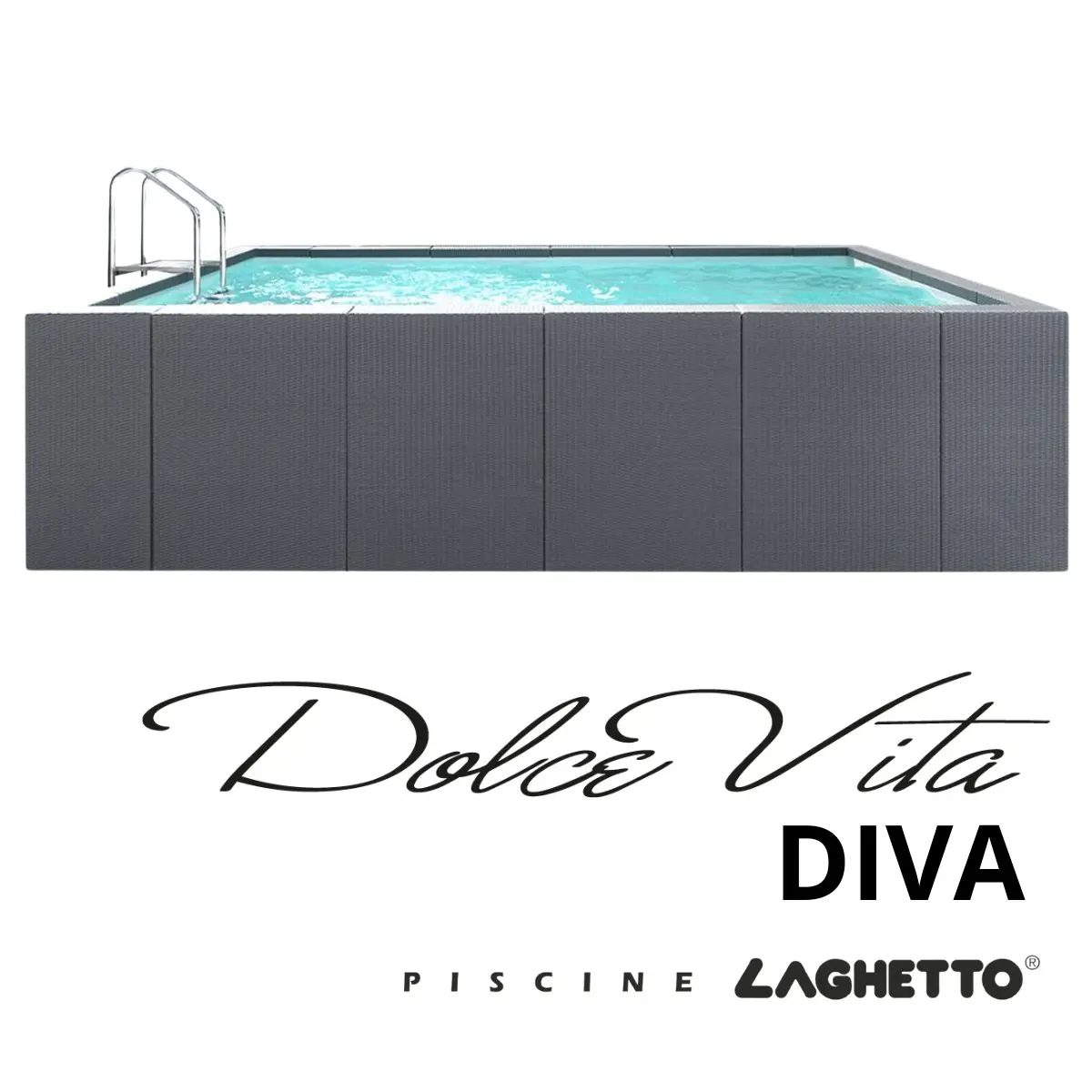 Piscina fuori terra Laghetto Dolcevita Diva rivestimento in fibra sintetica intrecciata effetto rattan e scaletta in acciaio inox. Presente il marchio Piscine Laghetto – a Fluidra company
