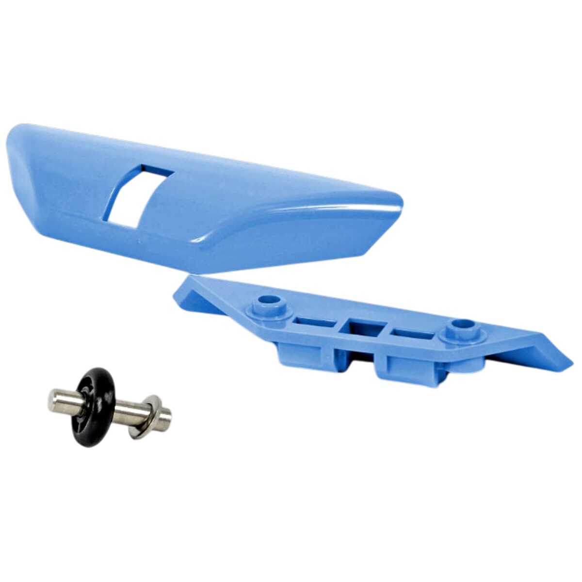 Vista frontale del carter con rotella ricambio per robot piscina Dolphin Supreme M250 Dolphin smontato in 3 parti composte cosi: rotella nera con dado, placca drontale esterna e placca posteriore interna.
