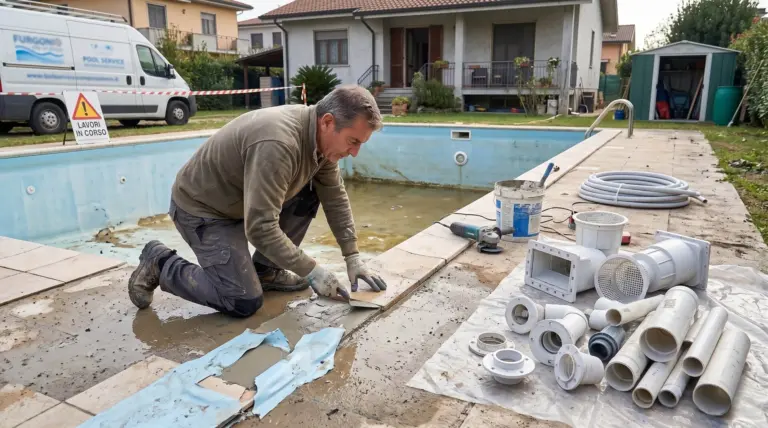 Tecnico specializzato inginocchiato a bordo piscina durante lavori di ristrutturazione: posa di piastrelle sul bordo con cazzuola, piscina parzialmente svuotata sullo sfondo. Sul pavimento visibili componenti idraulici bianchi, tubi in PVC, bocchette e raccordi. Furgone del servizio piscine e cartello 'Lavori in corso' sullo sfondo. Cantiere in giardino privato di abitazione residenziale.
