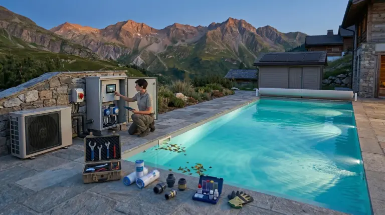 Tecnico donna accovacciata che esegue la manutenzione del quadro di controllo di un impianto di riscaldamento per piscina con pompa di calore, a bordo di una piscina privata con acqua cristallina. In primo piano: cassetta degli attrezzi con chiavi inglesi, cartucce filtranti, kit per analisi dell'acqua e raccordi idraulici. Sullo sfondo chalet in pietra con pannelli solari e panorama alpino al tramonto.