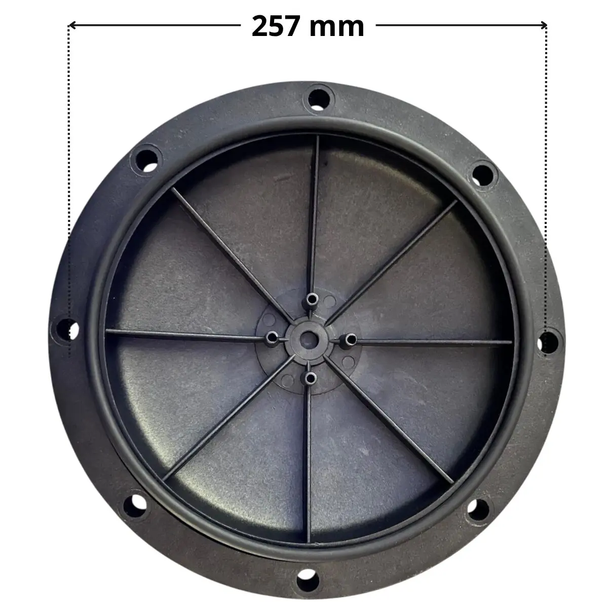 Kit composto da coperchio e guarnizione ricambio per filtro a sabbia Europool, vista parte inferiore con guarnizione posizionata nella sede. Quote diemsionali riportate: interasse tra i fori 257 mm