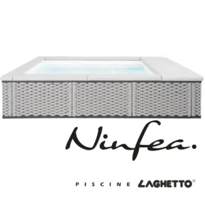Piscina fuori terra Laghetto Ninfea con rivestimento in corda. Presente il marchio Piscine Laghetto – a Fluidra company