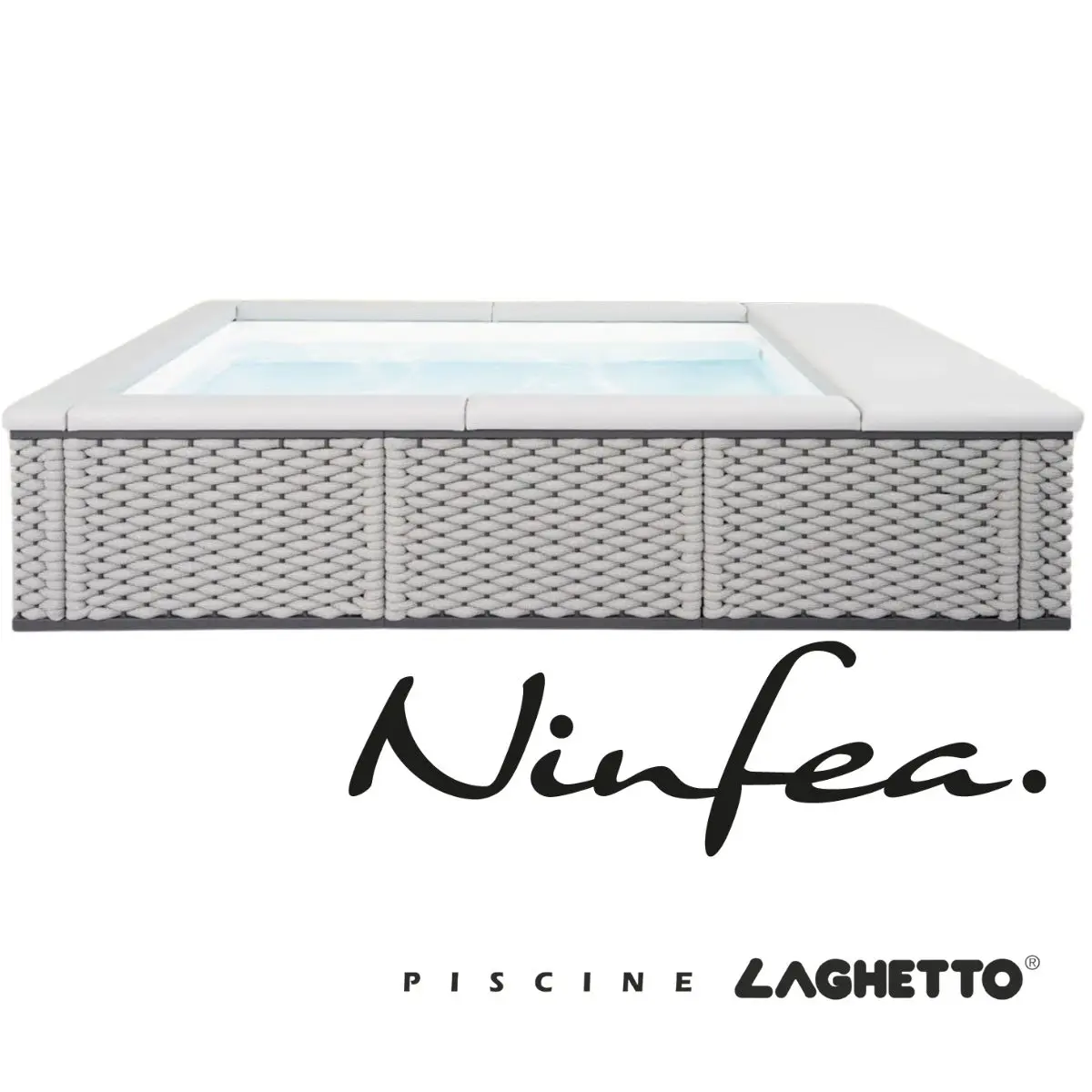 Piscina fuori terra Laghetto Ninfea con rivestimento in corda. Presente il marchio Piscine Laghetto – a Fluidra company