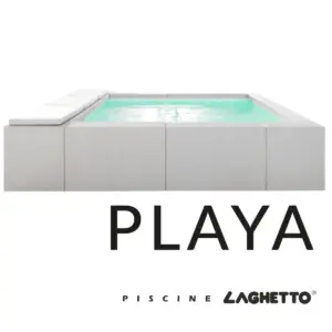Piscina fuori terra Laghetto Playa con rivestimento in fibra sintetica intrecciata effetto rattan. Presente il marchio Piscine Laghetto – a Fluidra company