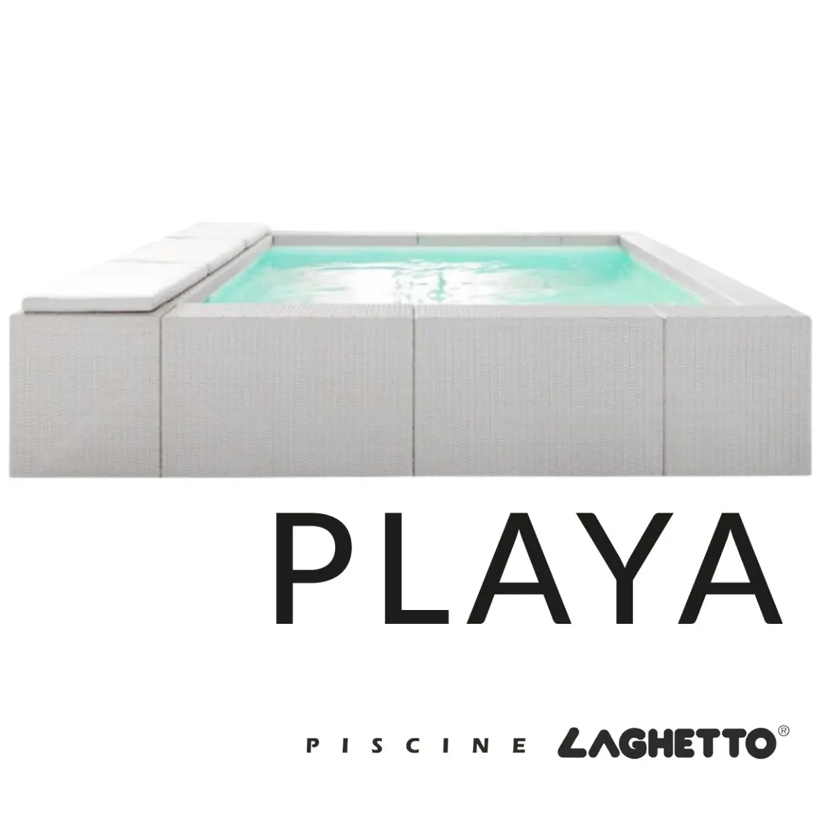 Piscina fuori terra Laghetto Playa con rivestimento in fibra sintetica intrecciata effetto rattan. Presente il marchio Piscine Laghetto – a Fluidra company