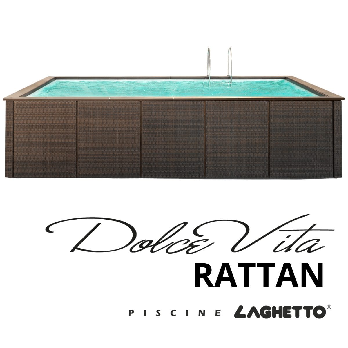 Piscina fuori terra Laghetto Dolcevita Ratta con rivestimento in fibra sintetica intrecciata effetto rattan e bordo in ecolegno. Presente il marchio Piscine Laghetto – a Fluidra company