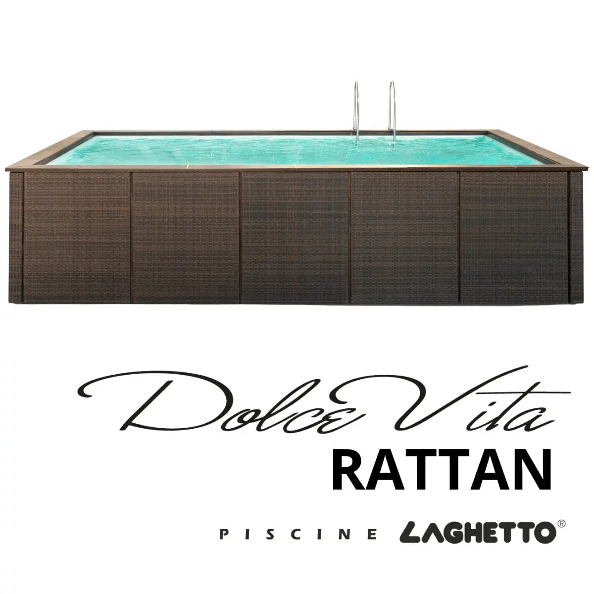 Piscina fuori terra Laghetto Dolcevita Ratta con rivestimento in fibra sintetica intrecciata effetto rattan e bordo in ecolegno. Presente il marchio Piscine Laghetto – a Fluidra company