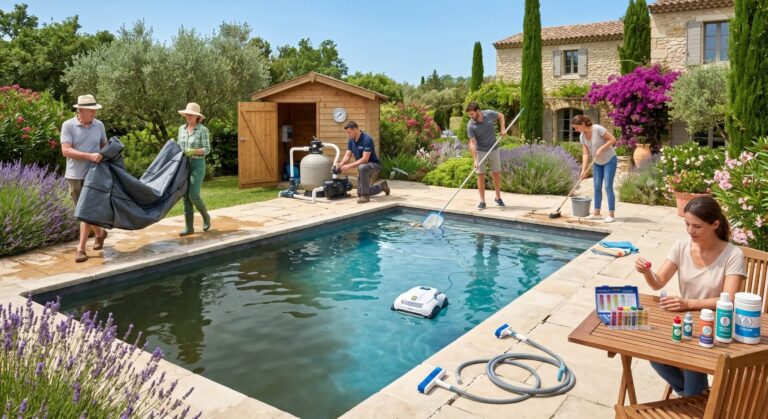 Gruppo di persone che eseguono le operazioni di riapertura primaverile di una piscina: due adulti rimuovono il telo di copertura invernale, un tecnico controlla l'impianto di filtrazione, un uomo pulisce il fondo con un guadino, una donna spazza il bordo vasca, e una ragazza prepara i prodotti chimici per il trattamento dell'acqua su un tavolo in legno.