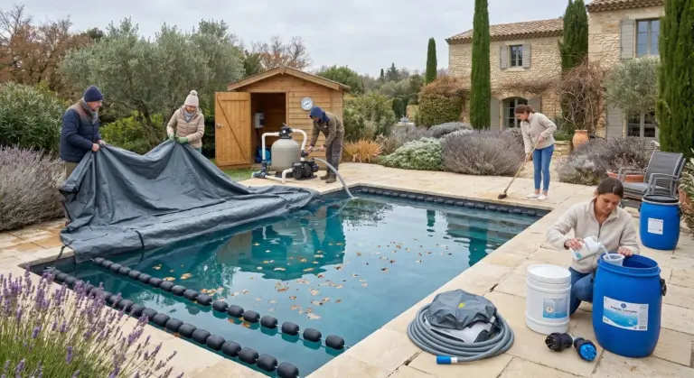 Gruppo di persone impegnate nella chiusura invernale di una piscina: due adulti in abbigliamento invernale stendono il telo di copertura sulla vasca con foglie in superficie, un tecnico svuota l'impianto idraulico con un tubo flessibile, una ragazza spazza il bordo, e un'altra persona prepara i prodotti svernanti tra cui un secchio bianco e fusti blu.