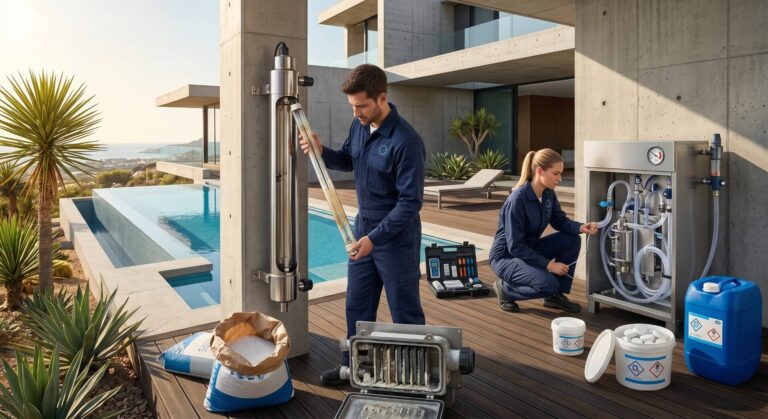 Due tecnici in tuta blu intervengono su sistemi di disinfezione alternativi per piscina: uno esamina una lampada UV rimossa dal suo alloggiamento, l'altra lavora su un impianto di elettrolisi salina con manometro e tubi. Sul pavimento sono visibili un sacco di sale, una cella elettrolitica aperta con elettrodi incrostati, tavolette di cloro e un tanica di prodotto chimico.
